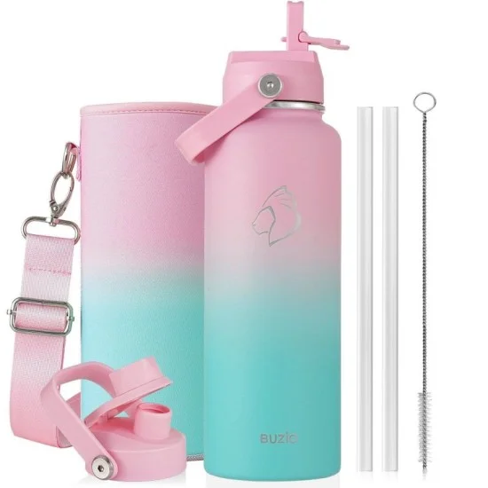 Buzio Duet Series Water Bottle with 2 Lids and Sleeve 1.2L - Pink Green